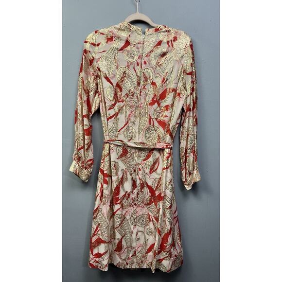 Vintage 70’s Pleated Midi Dress Union Tag JS Womens Size 16 Red Gold Foil Jackie - Picture 2 of 9